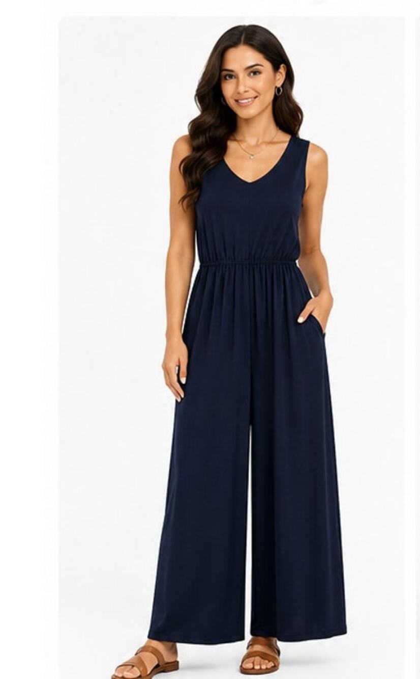 BumbleBella by Jill Martin Women's Navy S Wide Leg Jumpsuit Stretch Size Medium